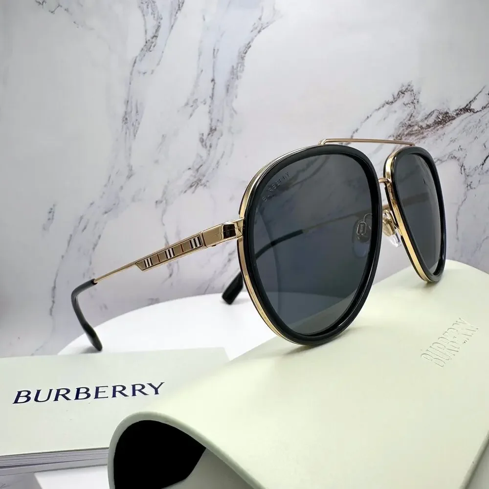 New Burberry Sunglasses Polarized Gold Black Check Arms Aviator Pilot Metal